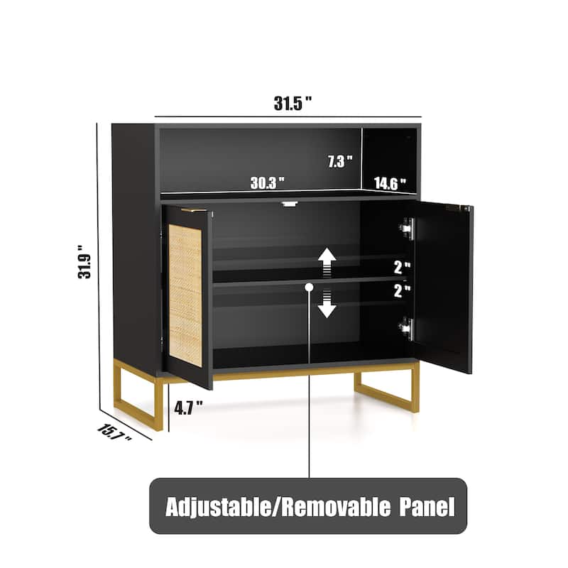 Anmytek Black Rattan Buffet Sideboard Storage Cabinet with 2 Doors