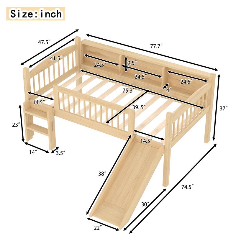 Kids Wood Low Loft Bed Frame with Storage Shelves, LED Light Strips, Curved Headboard, Safety Guardrails and Reversible Slide
