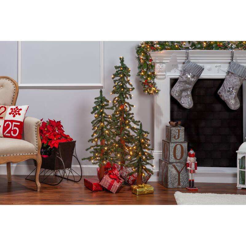 Set of 3 PreLit Alpine Trees with LED Lights - N/A