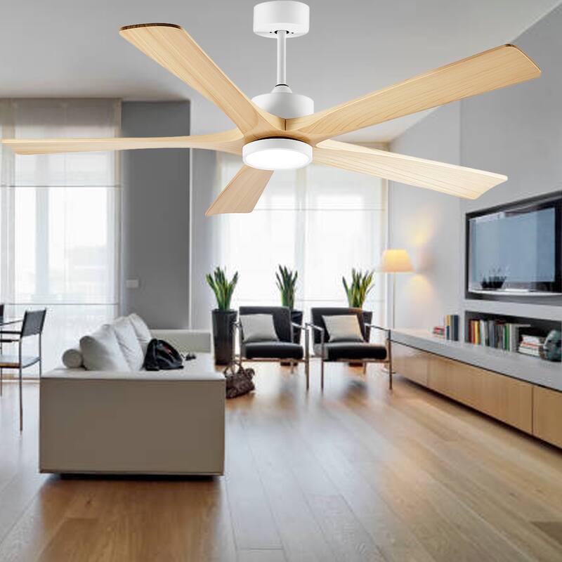 60-Inch Ceiling Fan with Light, 5 Solid Wood Blades, Downrod Mount for Sloped Ceiling ≤15°, Quiet Reversible DC Motor