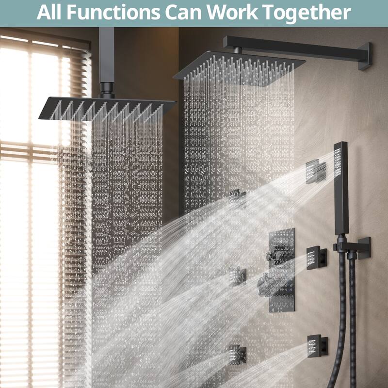 Dual Heads Thermostatic Shower System 12" Wall Rain Shower Head & 12" Ceiling High Pressure Shower Faucet with 6 Body Jets