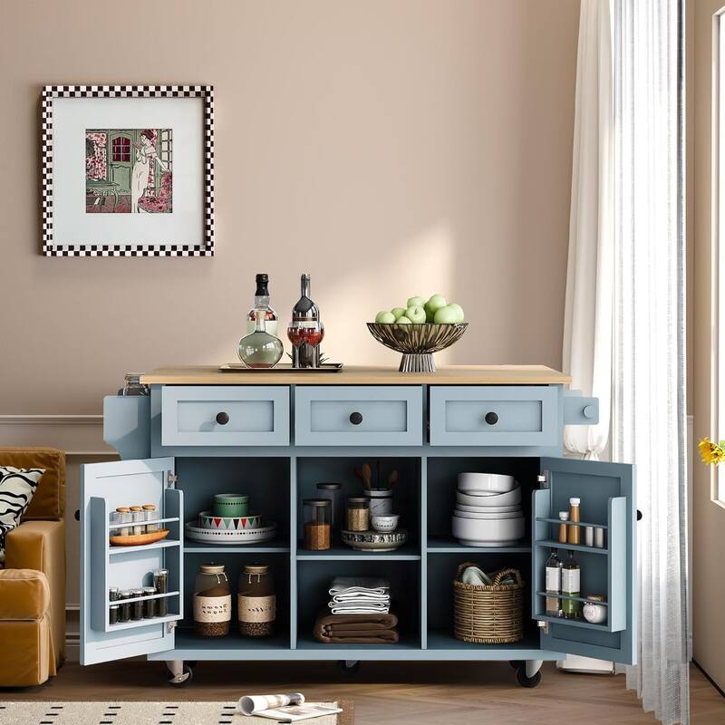 Roomfitters Kitchen Cart with Rubber wood Drop-Leaf Countertop, 5-Wheel Kitchen Island with Storage Cabinet & 3 Drawers - Blue
