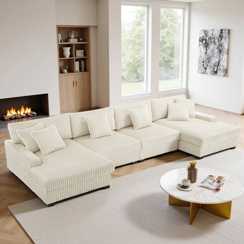 Cotton Flannel 3-Seat Modular Sectional Sofa with Chaise - White - Symmetrical