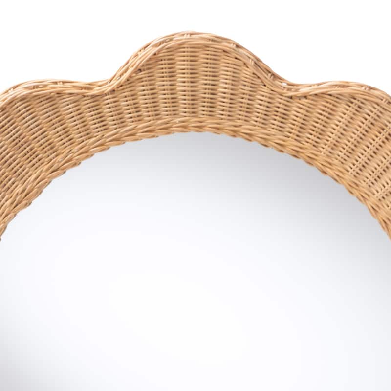 Makoto Scalloped Natural Rattan Wall Mirror - Handwoven Wicker Oval Frame, Boho Coastal Accent Decor for Entryway or Bedroom