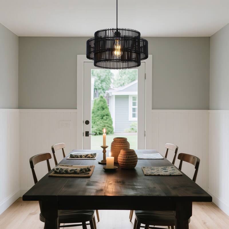 Solara 16 in. 2-Tiers 1-Light Pendant Light with Bamboo Round Shade, No Bulbs Included