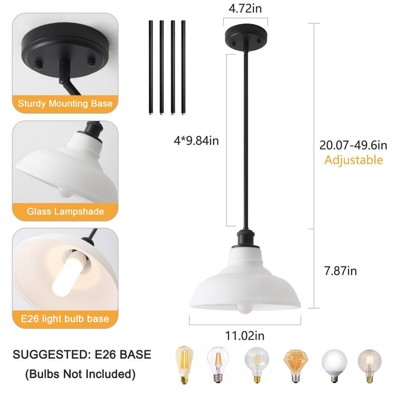 1-Light Adjustable Dome Shaded Pendant Light with Cream Glass Shade, Semi Flush Mount Chandelier for Dining Room Living Room