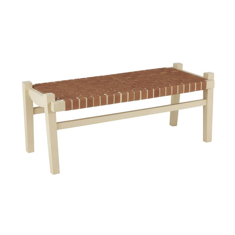 Leather Handmade Woven Seat Home Bench with Beige Wood Base - Brown or Dark Brown - Roche River Decor