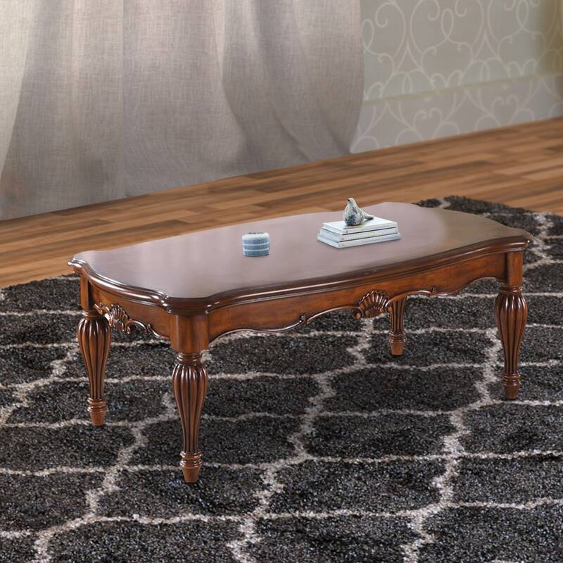Vintage Rectangular Wooden Coffee Table with Fluted Legs, Cherry Brown