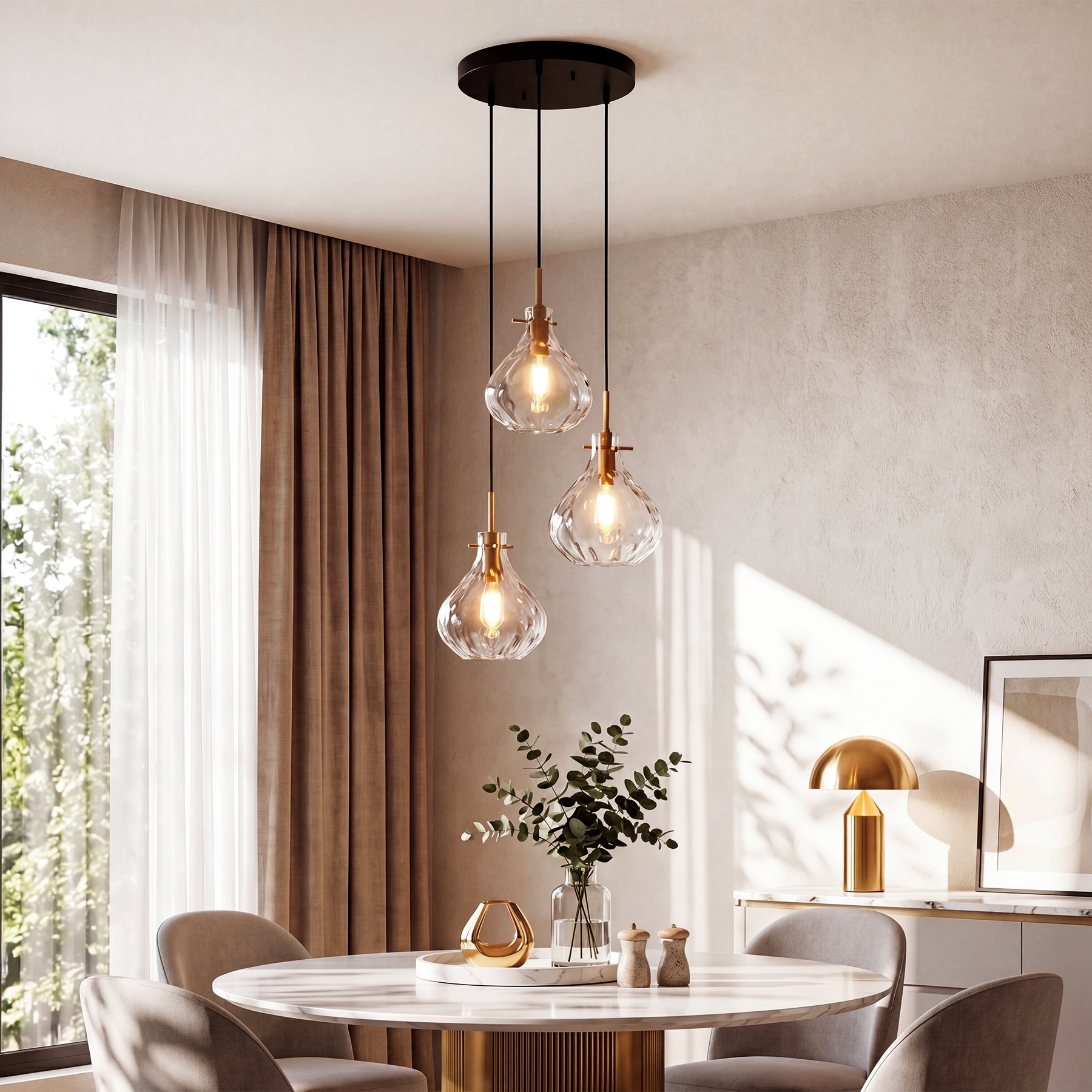 3-Light Chandelier with Water Ripple Glass Shades, Adjustable Hanging Cables