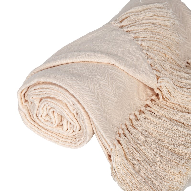 HomeRoots 50" X 60" Cream Woven Cotton Herringbone Throw Blanket with Fringe