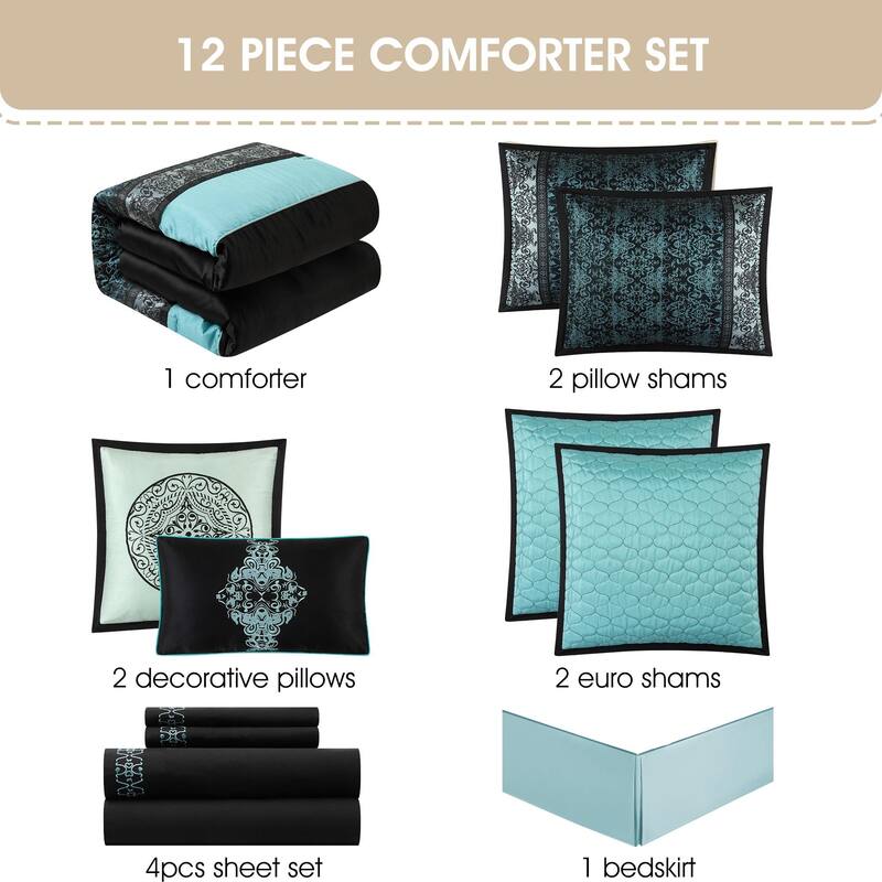 Nanshing Sierra 12 Piece Faux Silk Damask Comforter Set