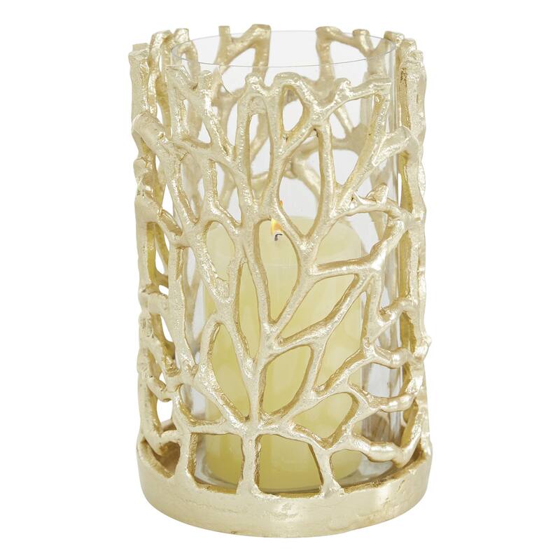 Aluminum Metal Decorative Indoor Outdoor Candle Lantern with Coral Pattern - Gold - Roche River Decor - Gold - 5"W, 8"H