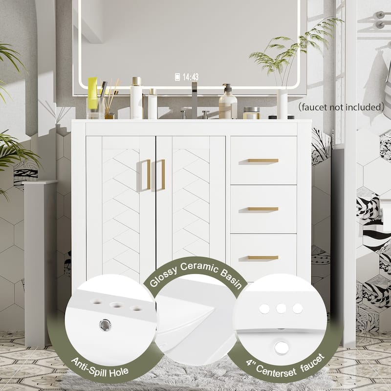 36" Bathroom Vanity Combo with Ceramic Basin, Solid Wood Frame, 3 Drawers, Soft-Close Doors