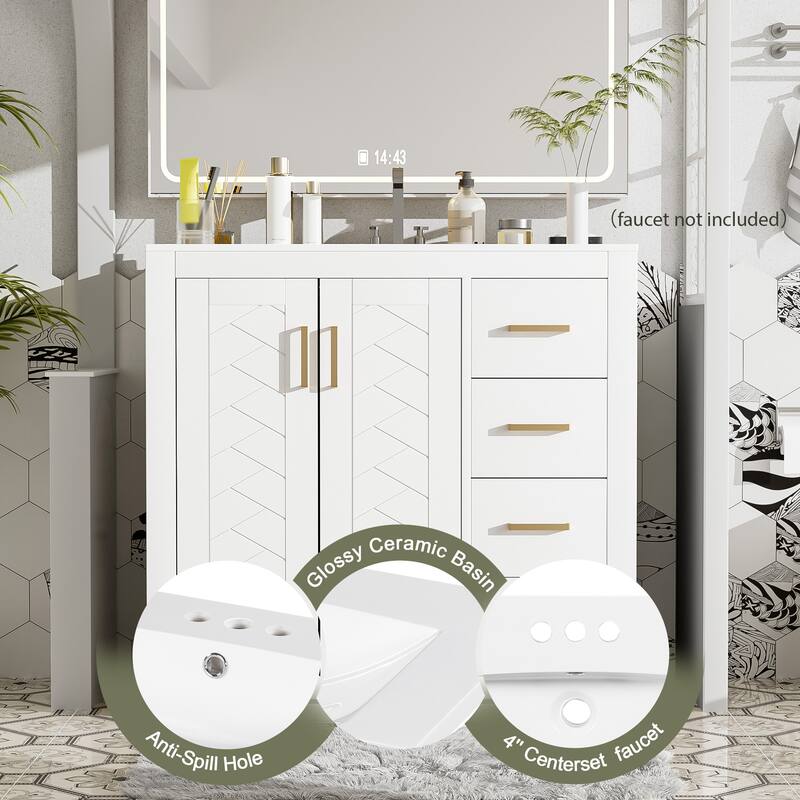 36'' Bathroom Vanity with Ceramic Sink Combo, Solid Wood Frame, Freestanding Vanity Set with 3 Drawers& Soft Closing Doors