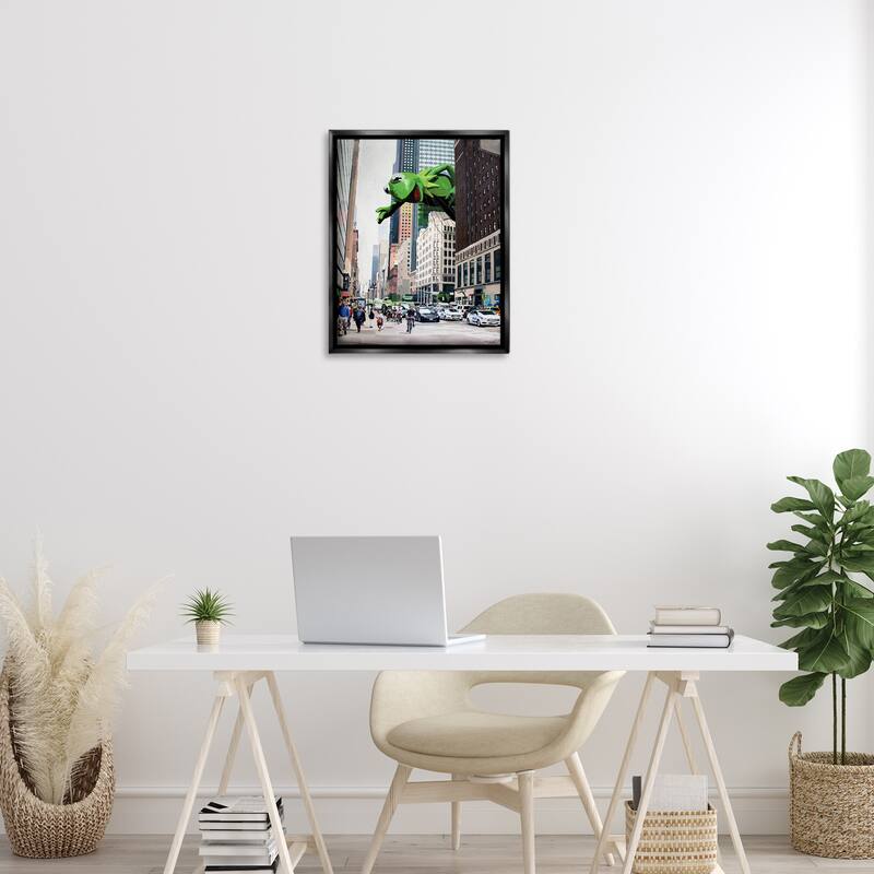 Stupell Frog Character over City Framed Floater Canvas Wall Art Design By Keith Thomson
