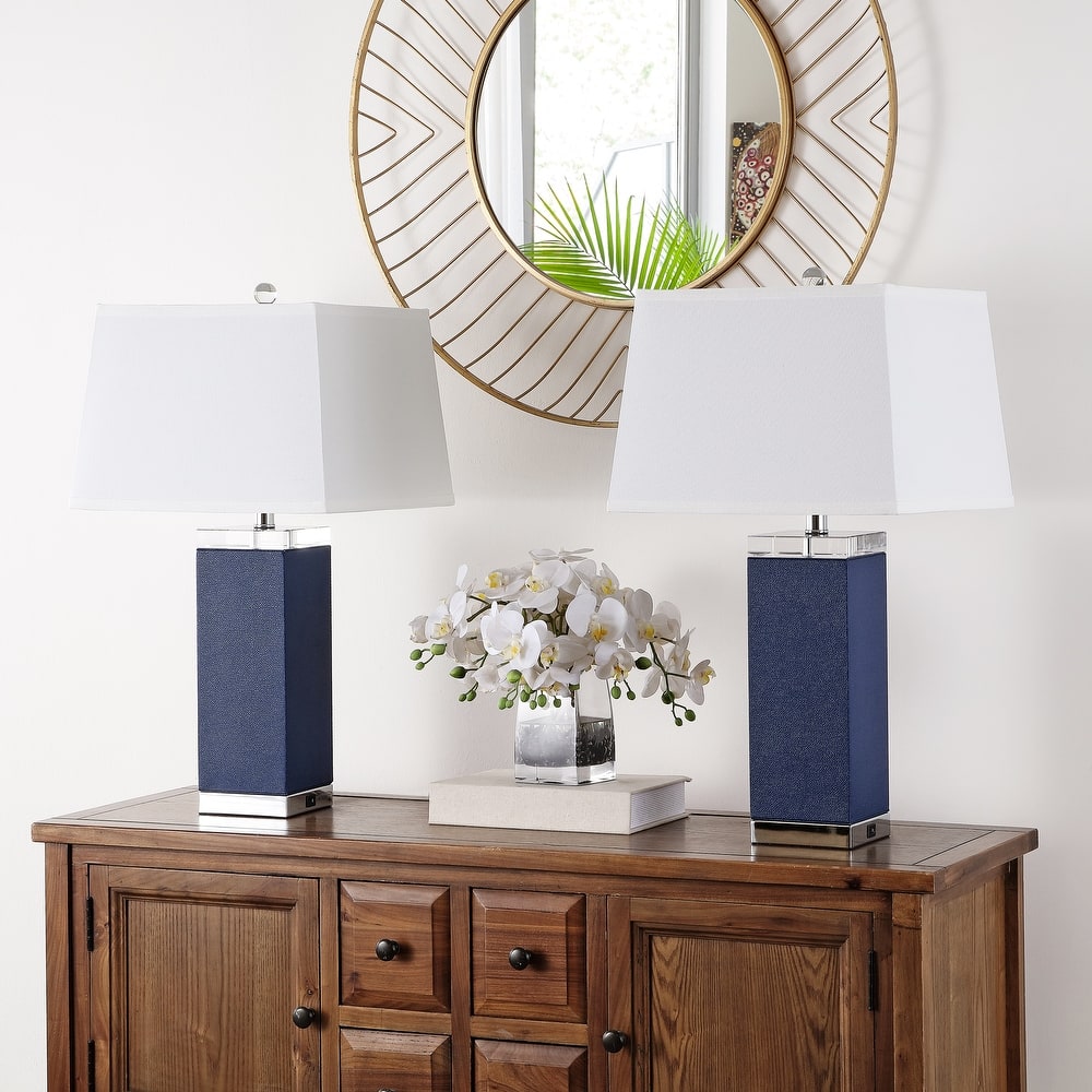 SAFAVIEH Lighting Buffy 27 Inch Navy Deco Leather Table Lamp (Set of 2)