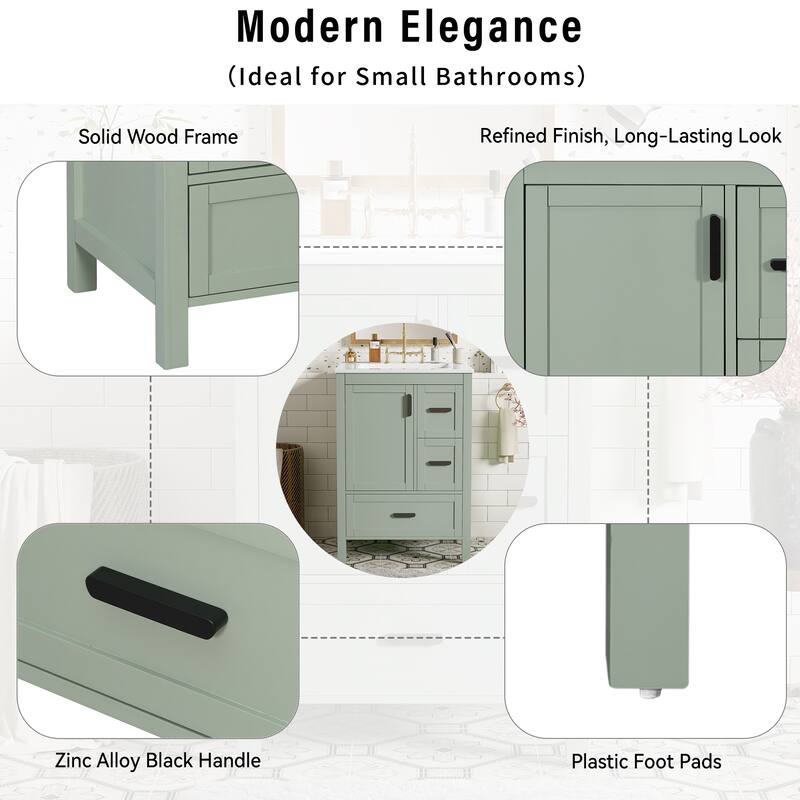 Modern 24-inch Bathroom Vanity with Ceramic Sink, Soft-Close Door, Double-Layer Door Shelf, and 3 Drawers