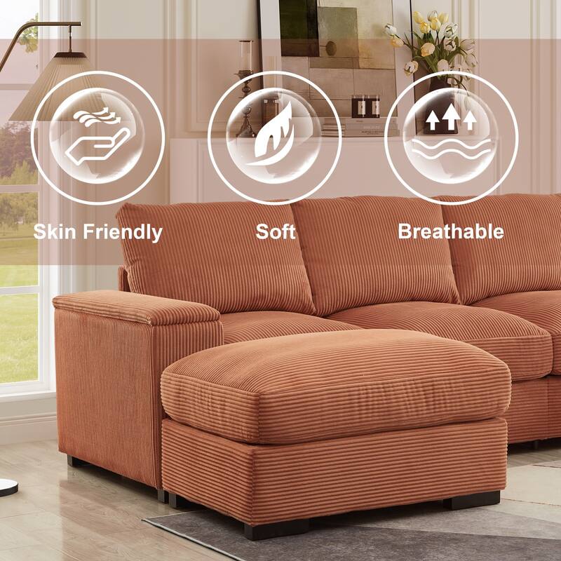 U-shaped corduroy sofa with removable footstool and storage armrests