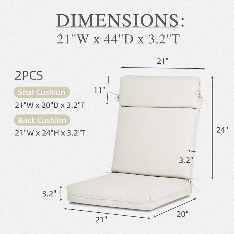 Aoodor Outdoor High Back Dining Chair Cushion Set, 44"x21"x3.2", Set of 2 - 44"x21"x3.2"