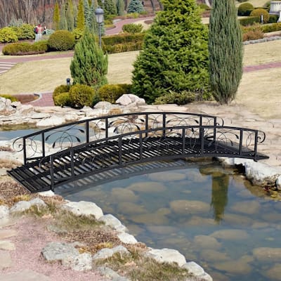 Kinbor 8FT Metal Garden Bridge, Outdoor Arc Walkway with 2 Safety Rails, Footbridge w/ Antique Black