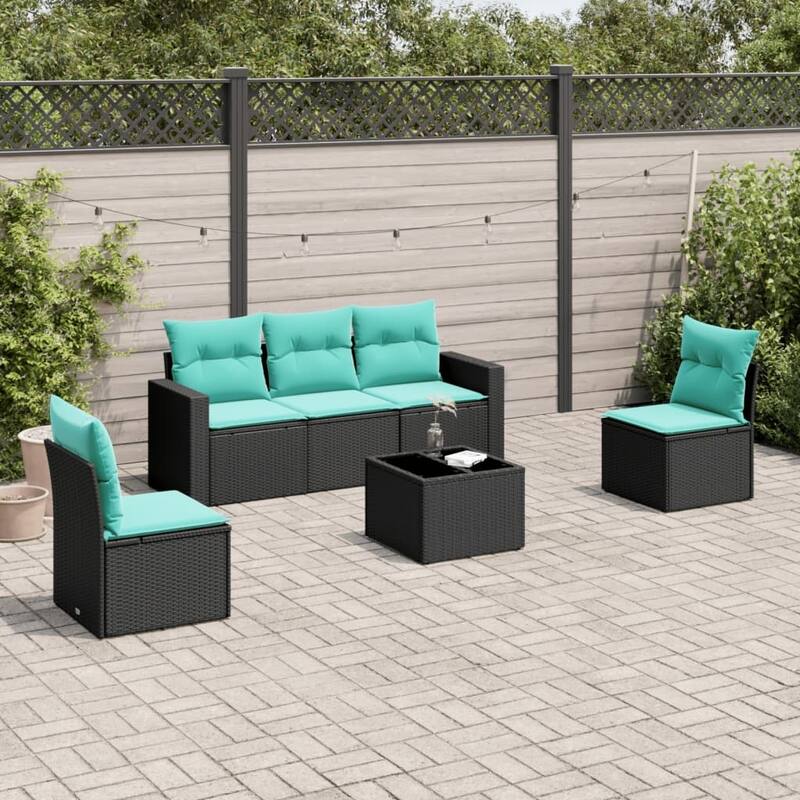 vidaXL 5/6 Piece Patio Sofa Set with Cushions Black Poly Rattan - 21.7" x 24.4" x 27.2" - Black and blue-With table