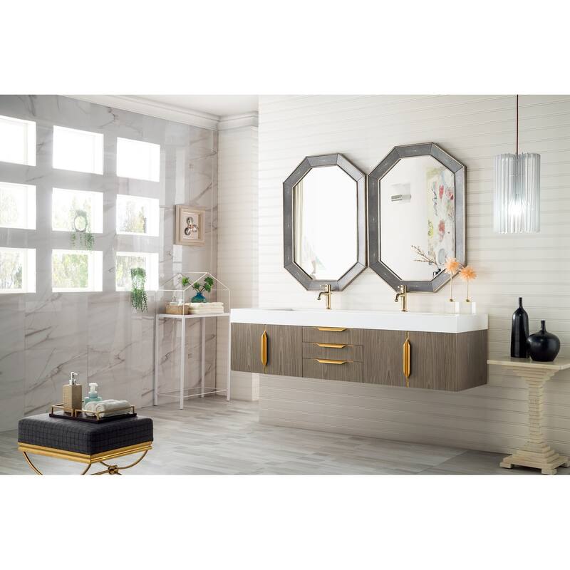 James Martin Vanities Mercer Island 72" Double Vanity, Ash Gray with Radiant Gold Hardware