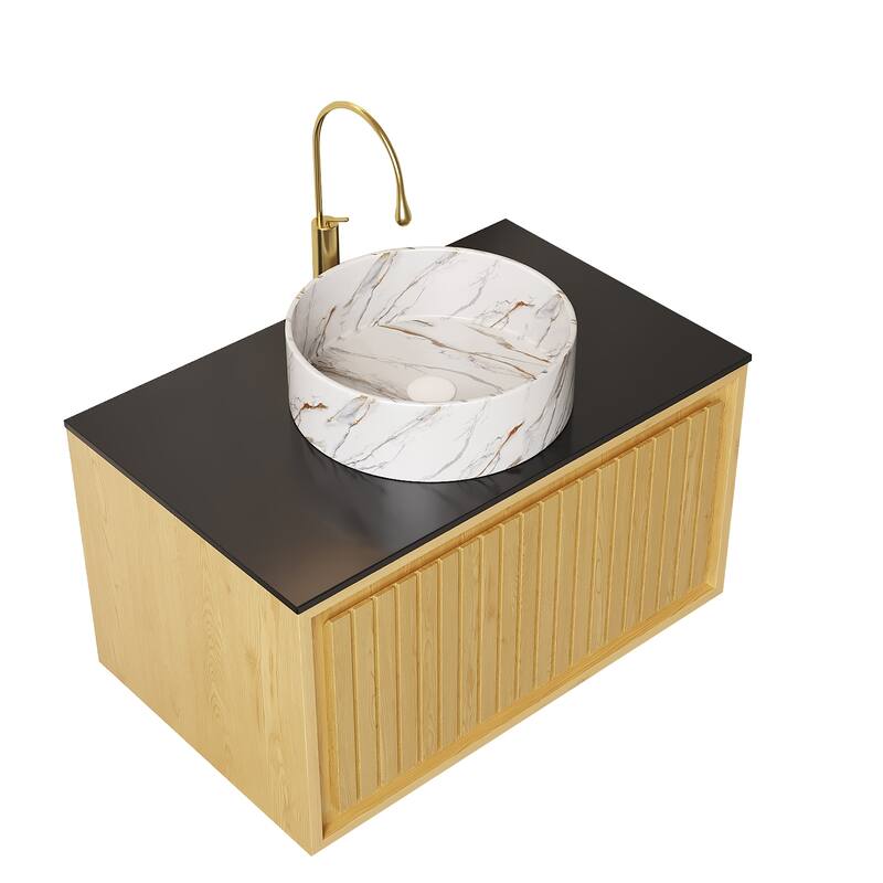 GDFStudio - Kolas Modern 30" Floating Bathroom Vanity, Corolla Oak Finish & Black Sintered Stone Countertop, WITHOUT Faucet