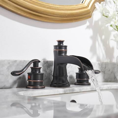 Double Handle Widespread Bathroom Faucet With Drain Assembly Waterfall Bathroom Sink Faucets 3 Holes 8 Inch Modern Vanity Taps