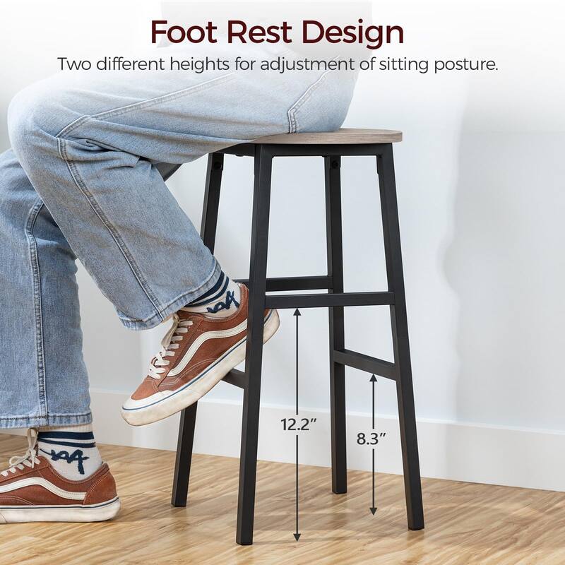 Bar Stools, Set of 2 Round Bar Chairs with Footrest, 24.4 Inch Kitchen Breakfast Bar Stools, Industrial Bar Stools