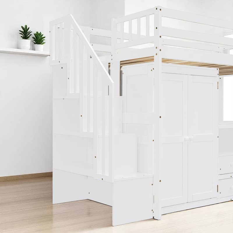 Twin/Full Size Loft Bed with Desk, Wardrobe, Drawers & Stairs, Wood Frame Study Bed with Storage for Kids/Teens