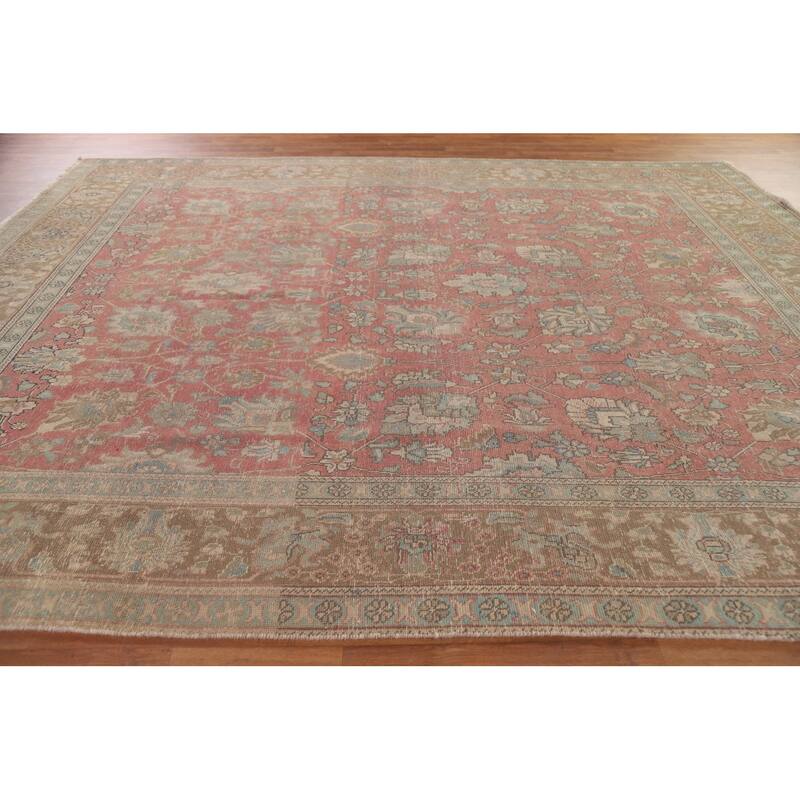 Pink Distressed Tabriz Persian Antique Rug Hand-knotted Wool Carpet - 9'5" x 12'3"