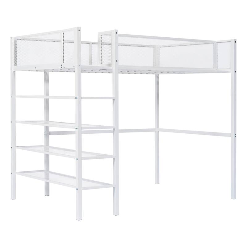 Twin/Full Metal Loft Bed with Built-in Desk, Shelves, and Storage, Modern Design