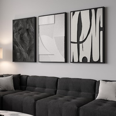 Large 3D Textured Framed Black and White Abstract Wall Art
