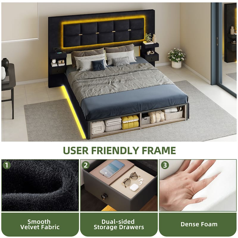 Queen Size Velvet Bed Frame with Upholstered Headboard LED Lighting and Built-in Charging Station for Modern Bedroom Luxury
