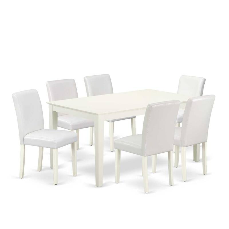 HomeStock 7-Piece Rectangle Linen White Finish Solid Wood Top Dining Table with 6 Parson-Chairs with Lattice Back