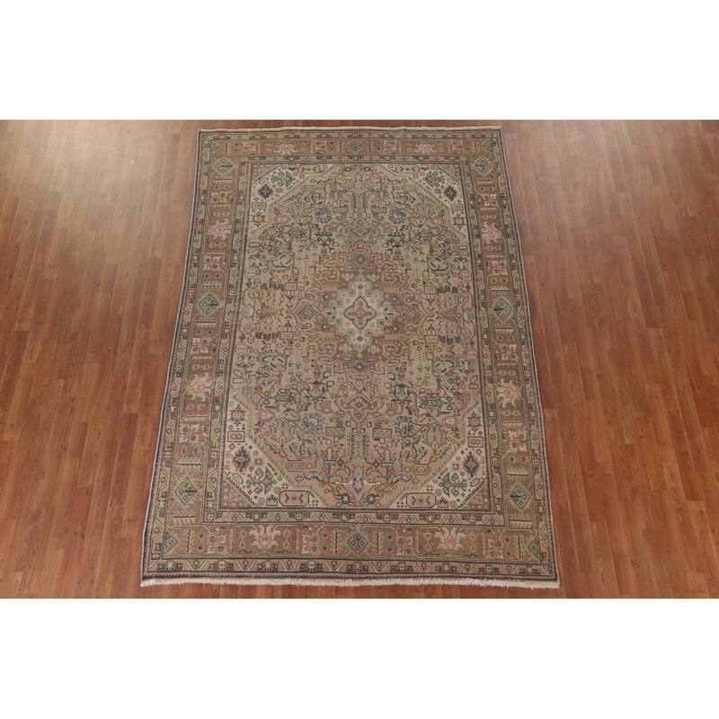 Hand Knotted Oriental 100% Wool Carpet Traditional Medallion Peach Tabriz Area Rug - 9' 7'' X 6' 7''