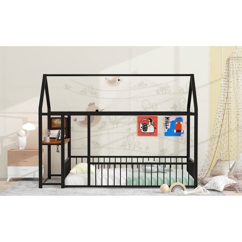 Twin Size Metal House Platform Bed Frame with Built-In Desk, USB Charging And Storage Shelves