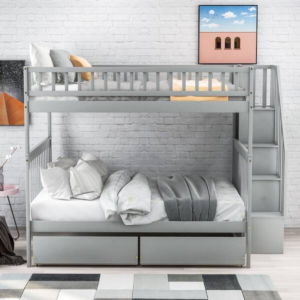 slide 2 of 19, Full over Full Bunk Bed with Drawers, Storage, and High Guardrails, Grey