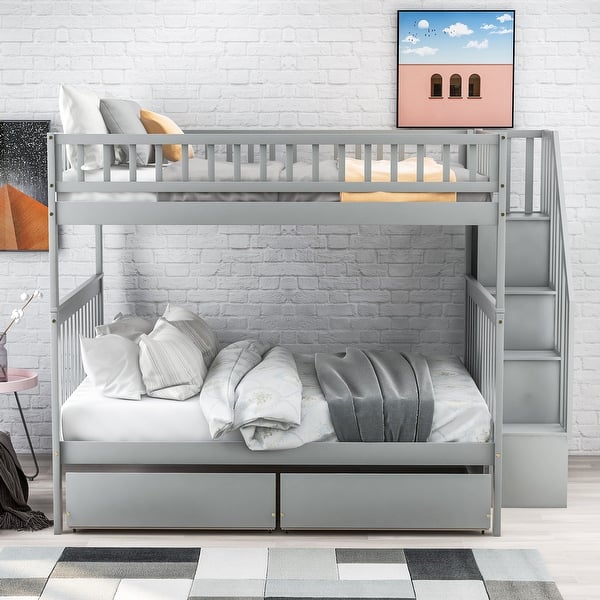 slide 2 of 19, Full over Full Bunk Bed with Two Drawers and Storage Staircase,Cottage Style Gray