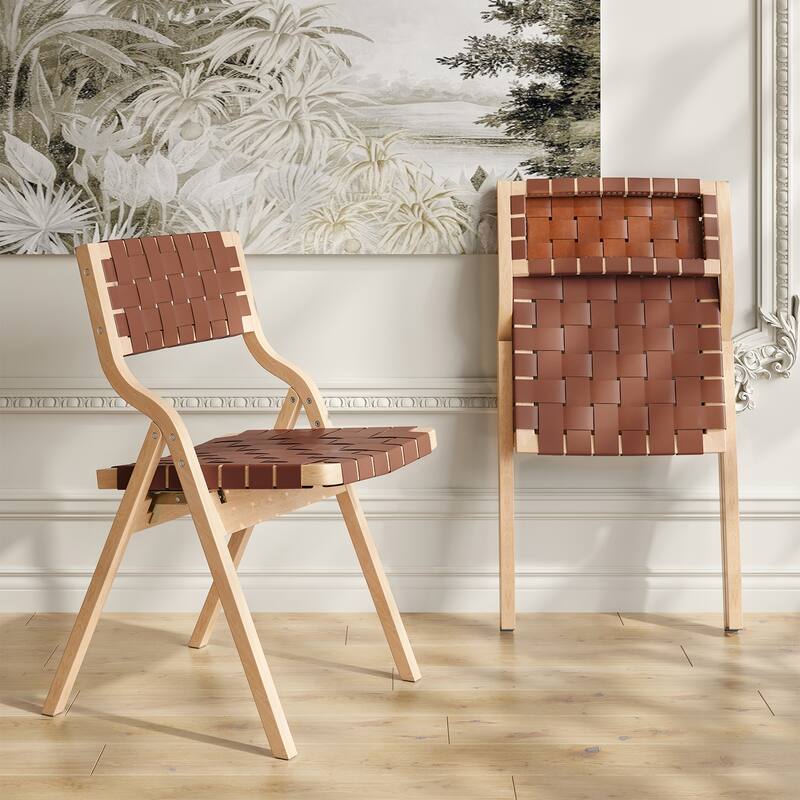 Wood Folding Chairs Set of 2, Wooden Indoor Stackable Dining Chairs for Kitchen & Dining Room Chair Woven Seat