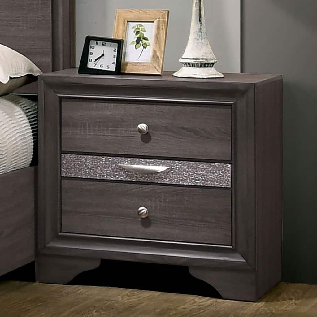 Contemporary Gray Nightstand with Hidden Jewelry Drawer and Silver Accents