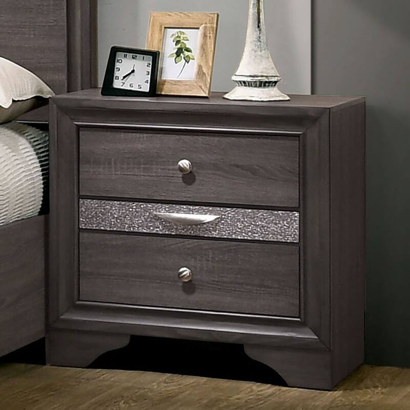 Glamorous White Bedside Table - 1pc Nightstand with Silver Accents and Storage - Gray