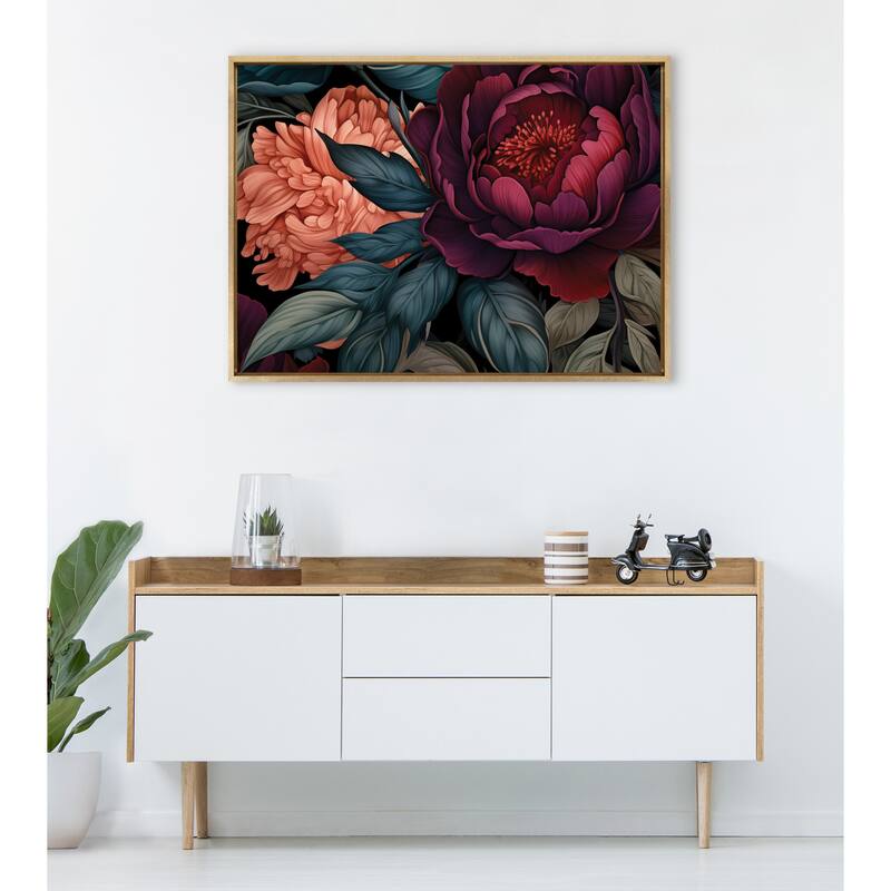 Kate and Laurel Sylvie Dark Academia Floral in Rich Jewel Tones Framed Canvas by The Creative Bunch Studio