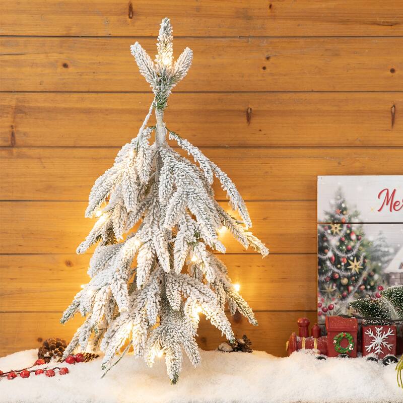 Glitzhome 2ft Pre-Lit Flocked Pine Artificial Christmas Tree With Lights and Timer