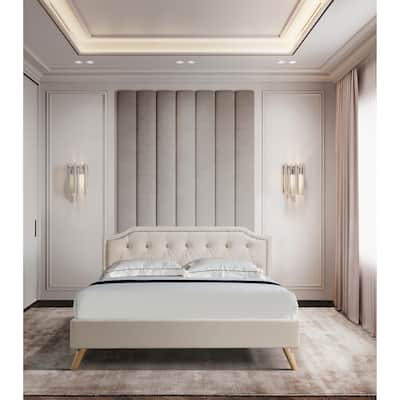 Queen Size Upholstered Platform Bed Fabric Bed Frame with Headboard, Beige