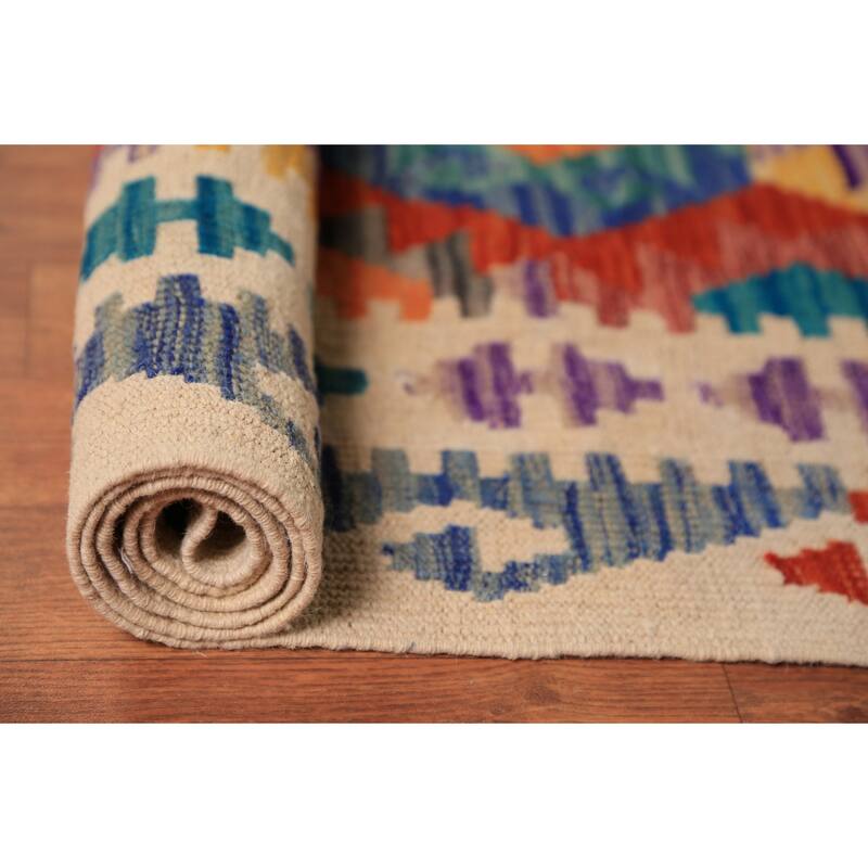 Geometric Trellis Kilim Oriental Area Rug Hand-Woven Wool Carpet - 10'5"x 13'0"