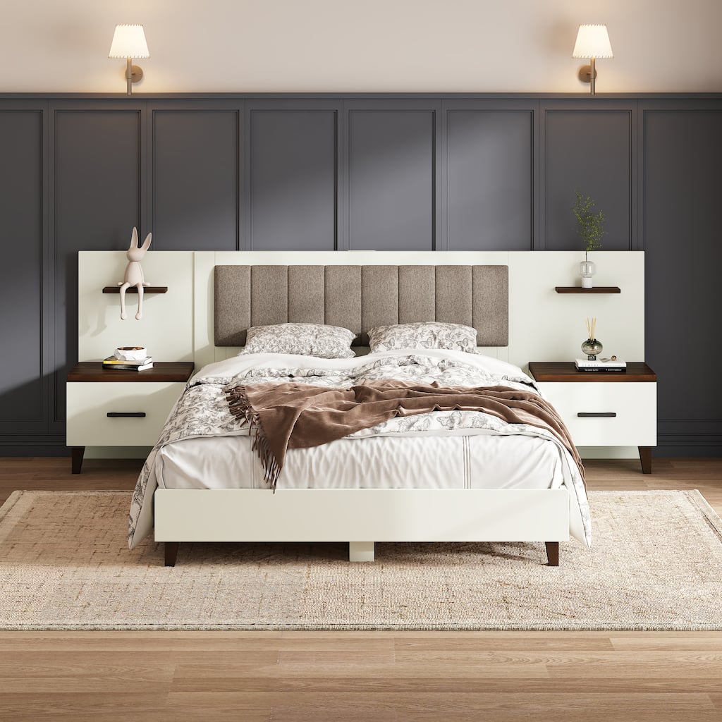 Christopher Knight Home- Orinthia Upholstered Bed Frame with 2 Nightstands