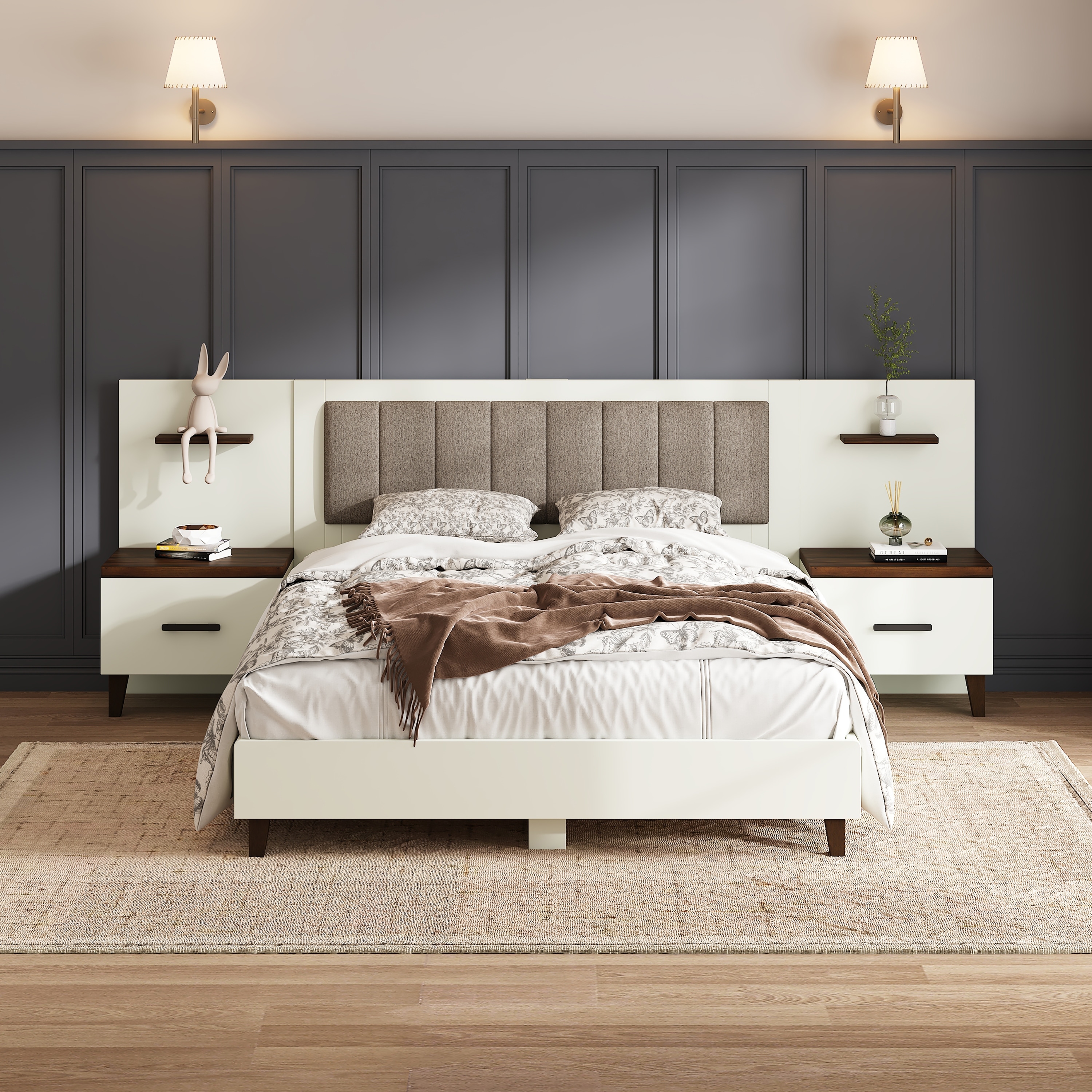 Christopher Knight Home- Orinthia Upholstered Bed Frame with 2 Nightstands