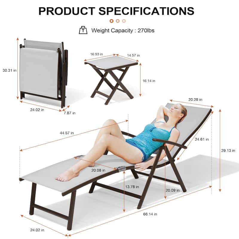 3-Pieces Outdoor Chaise Lounge Set Aluminum Adjustable Foldable Chaise Lounge Chairs and Side Table