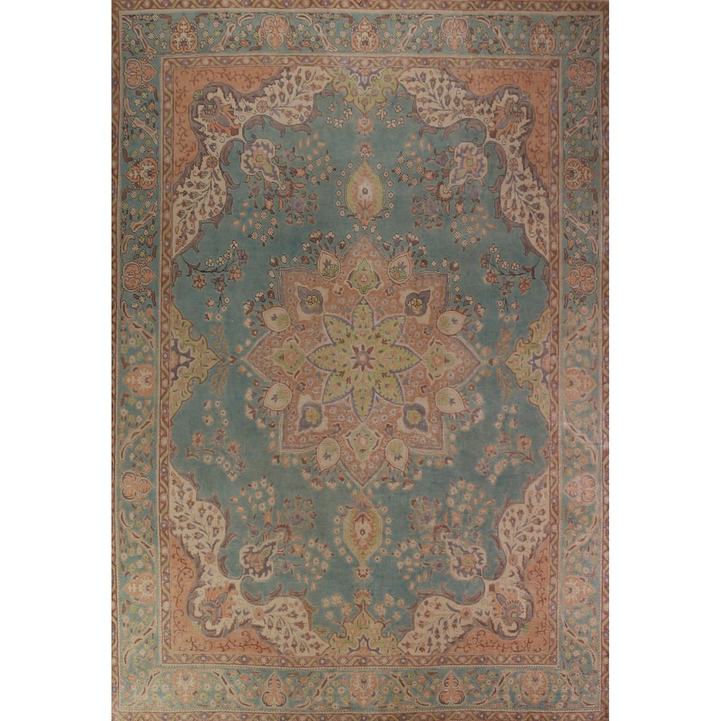 Blue Floral Tabriz Persian Vintage Area Rug Hand-Knotted Wool Carpet - 9'6" x 12'9"